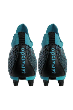 Rear view of both boots showing teal Optimum text on the heel