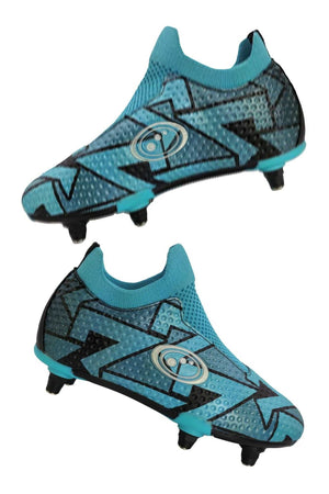Pair of Optimum Aztec Junior Laceless boots in teal and black with removable metal studs, shown from above