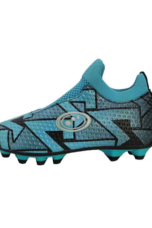 Side profile of the Aztec laceless boot showing the teal knit collar and Optimum logo