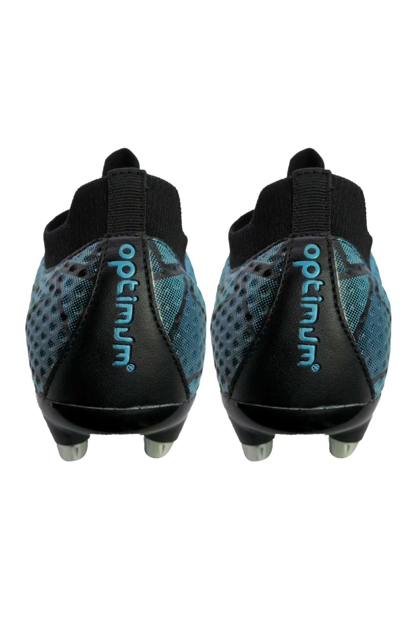Rear view of both boots showing teal Optimum text on the heel