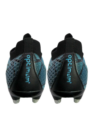 Rear view of both boots showing teal Optimum text on the heel