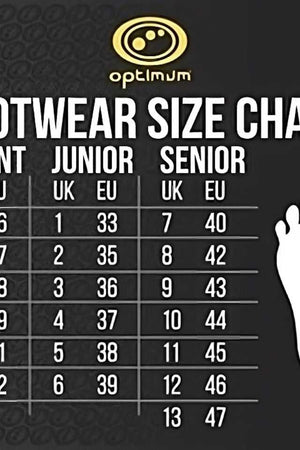 Optimum footwear size chart showing UK to EU size conversions for infant, junior, and senior sizes