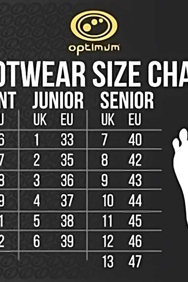 Optimum footwear size chart showing UK to EU size conversions for infant, junior, and senior sizes