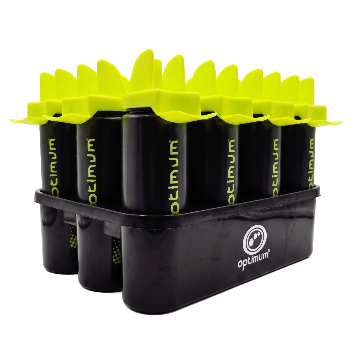 Optimum bottle carrier with 12 black and fluro yellow Aqua Spray water bottles - Optimum Sport