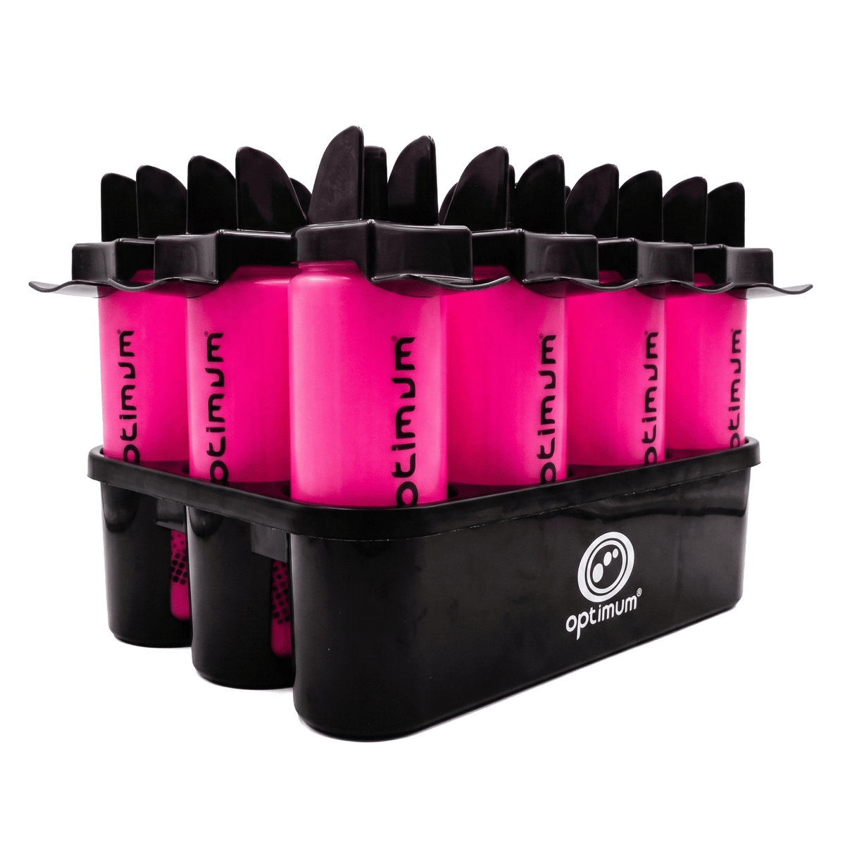 Optimum bottle carrier with 12 pink and black Aqua Spray water bottles - Optimum Sport