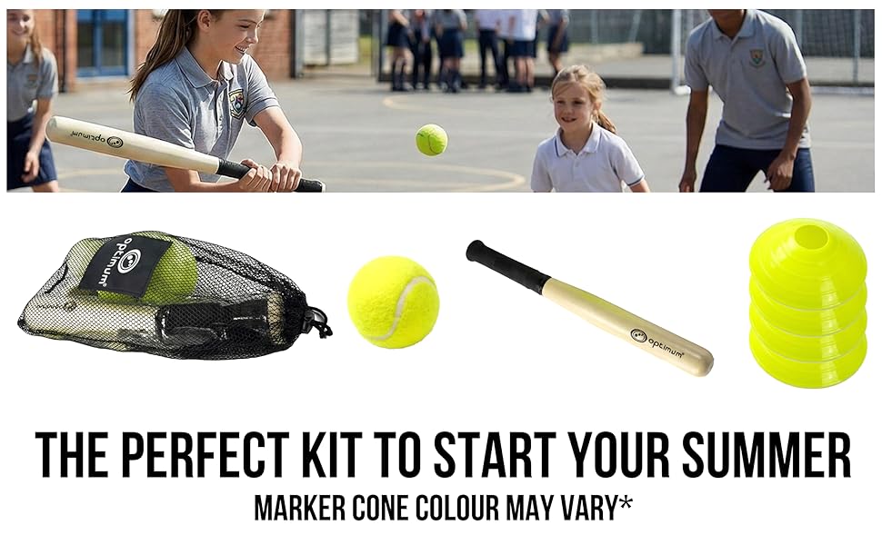 Rounders kit banner: children playing plus mesh bag, ball, bat and cones, 'perfect kit for summer' - Optimum