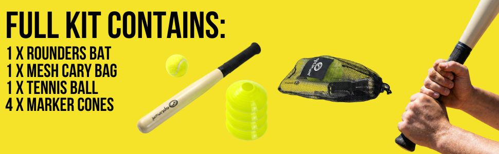 Full kit contents banner: rounders bat, mesh carry bag, tennis ball and 4 marker cones listed - Optimum