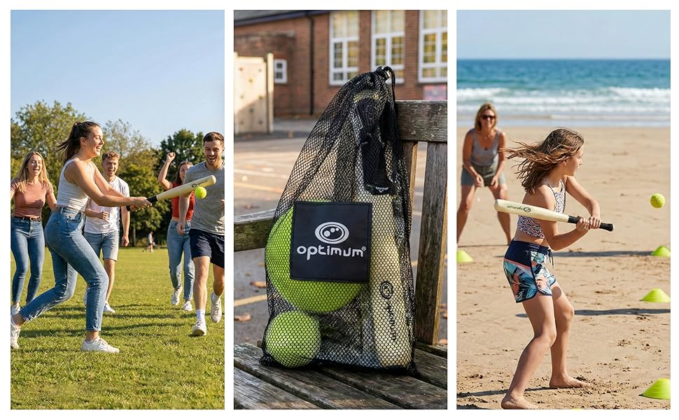 Optimum rounders three-photo collage: park game, mesh bag with ball, and girl playing on a beach - Optimum