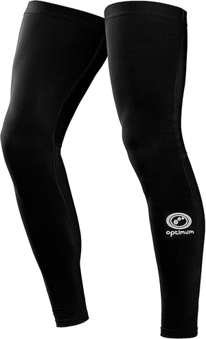 Pair of black Optimum Hawkley cycling leg warmers with white logo, upright on white - Optimum
