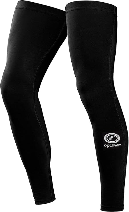 Pair of black Optimum Hawkley cycling leg warmers with white logo, upright on white - Optimum