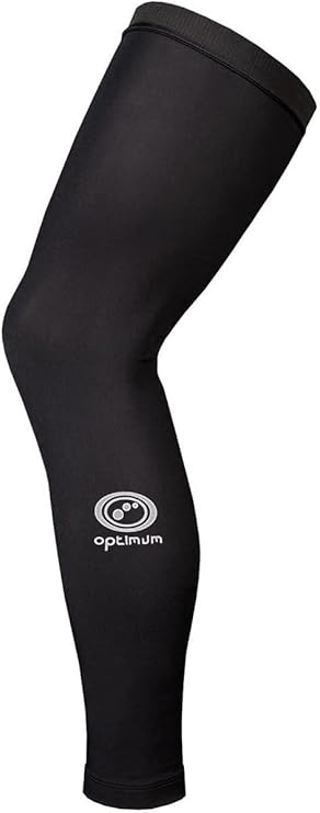 Single black Optimum Hawkley cycling leg warmer, side view with white logo, on white - Optimum