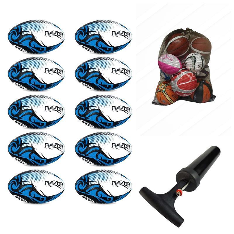 Bulk Razor Rugby Ball Blue – 10/20/30 Pack with Free Pump & Carrier - Optimum