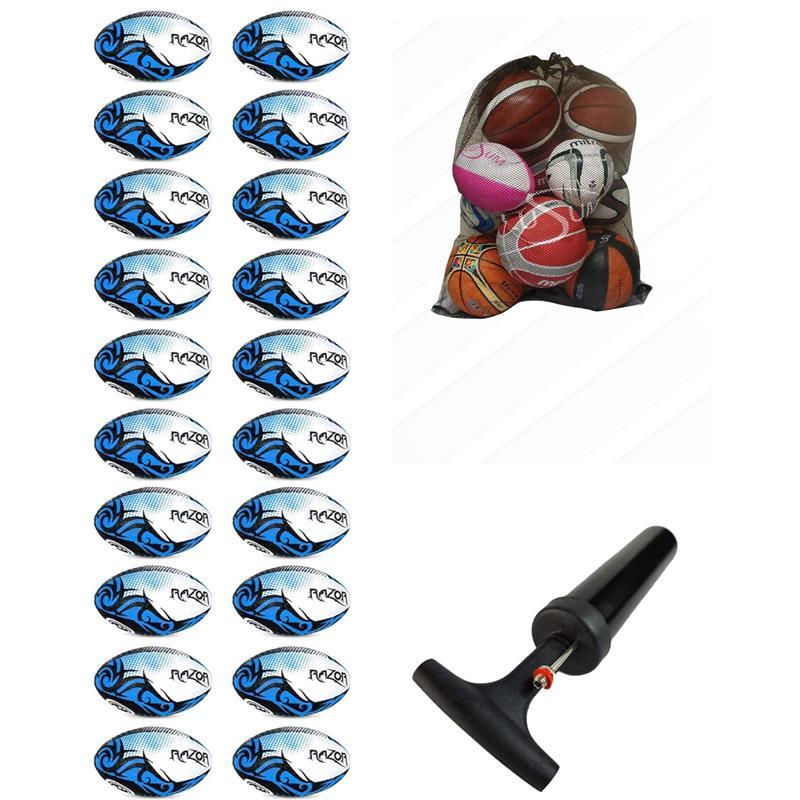 Bulk Razor Rugby Ball Blue – 10/20/30 Pack with Free Pump & Carrier - Optimum