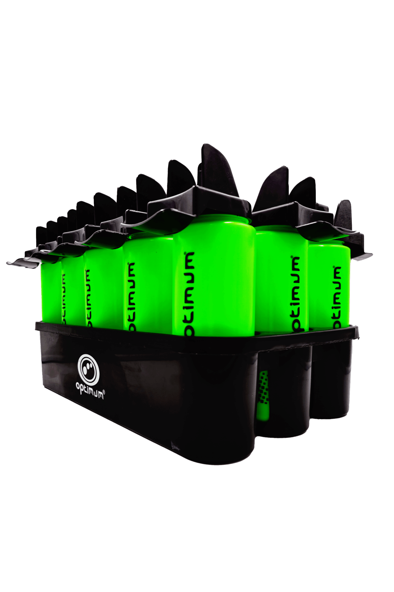 Angled view of black Optimum carrier full of green water bottles, logo on side - Optimum