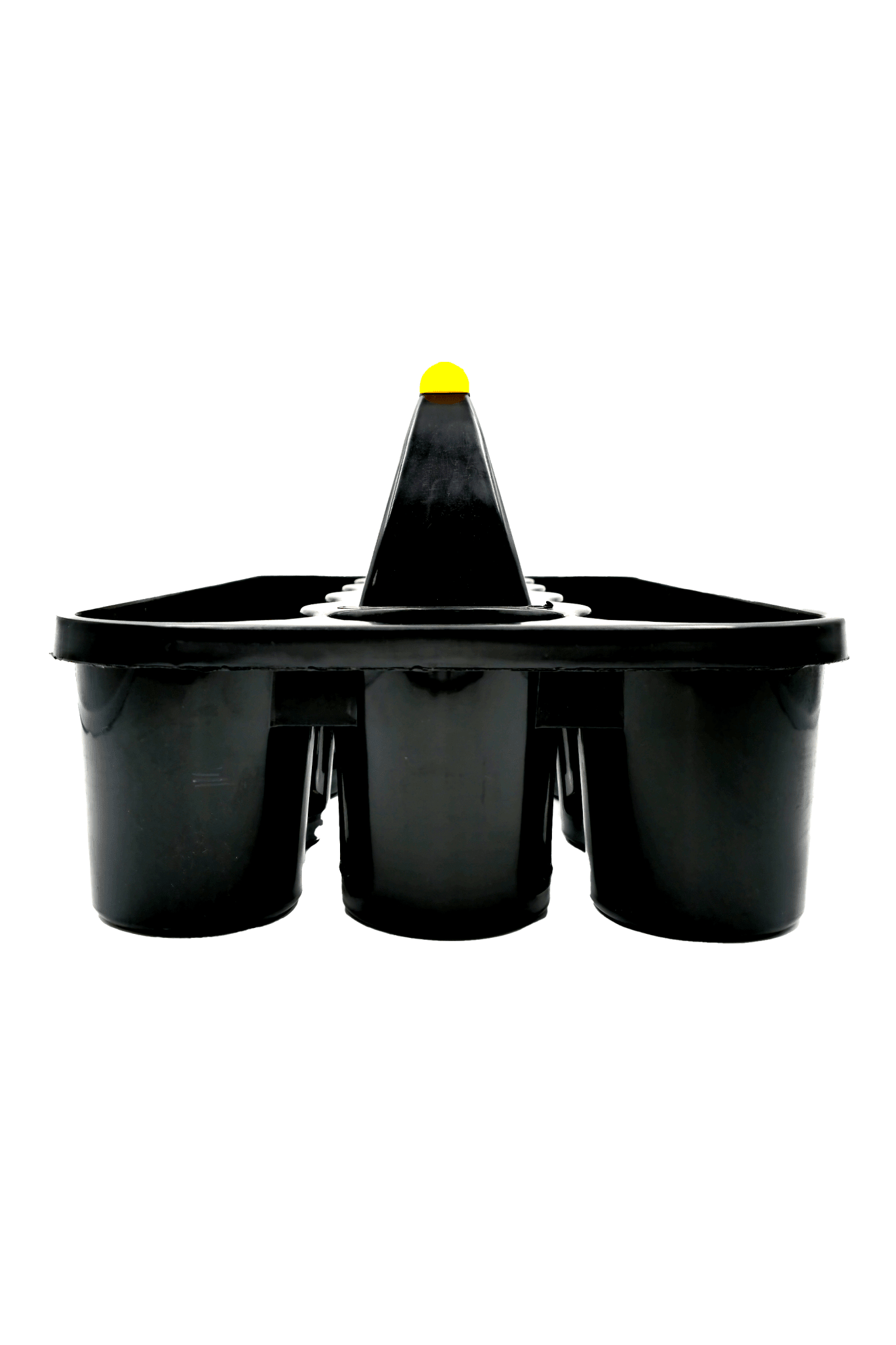 End view of empty black Optimum bottle carrier with yellow-tipped carry handle - Optimum