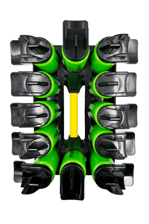 Top-down black Optimum carrier holding twelve green water bottles around yellow grip - Optimum
