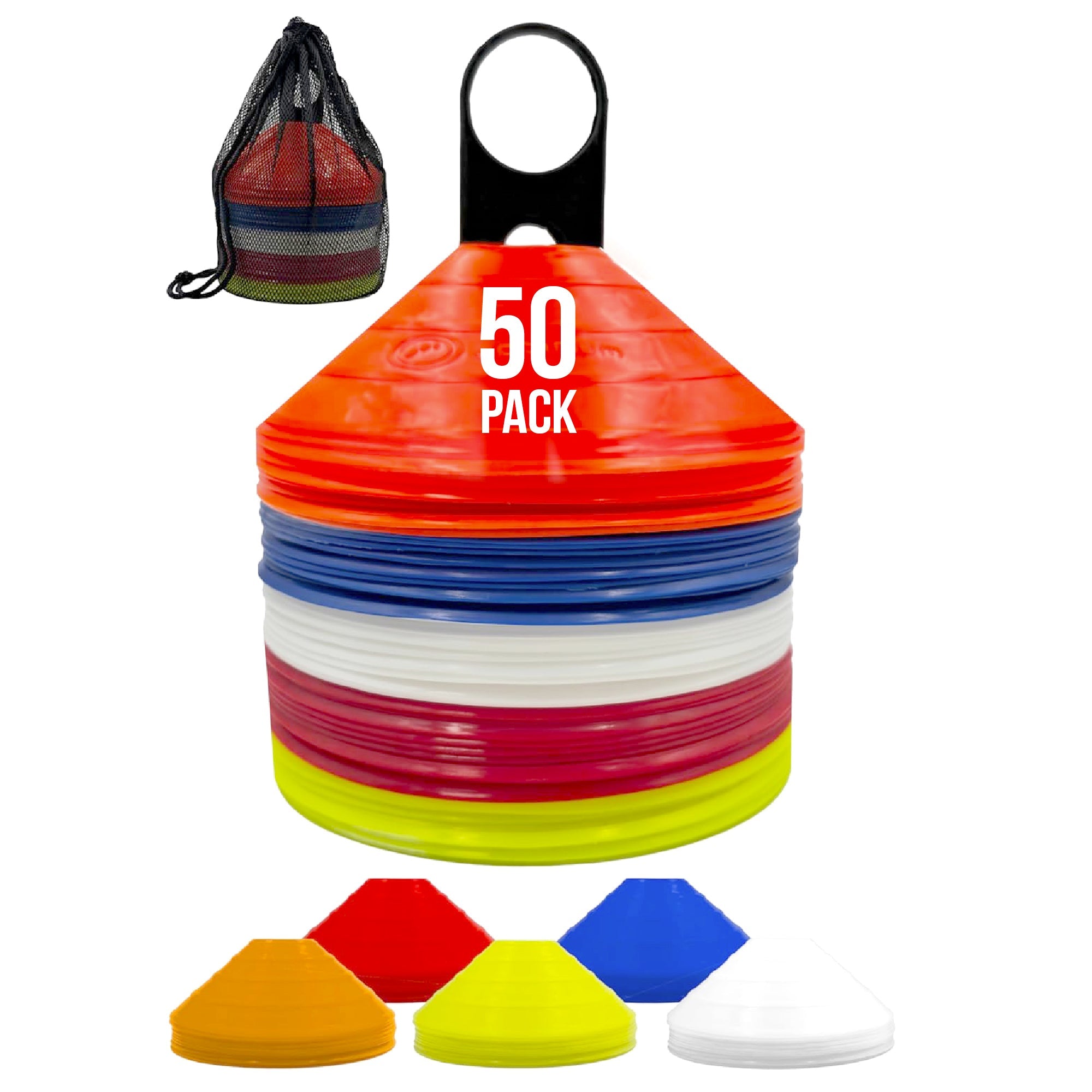 Marker cones 50-pack: stacked red, blue, white, yellow and orange saucer cones with mesh carry bag - Optimum