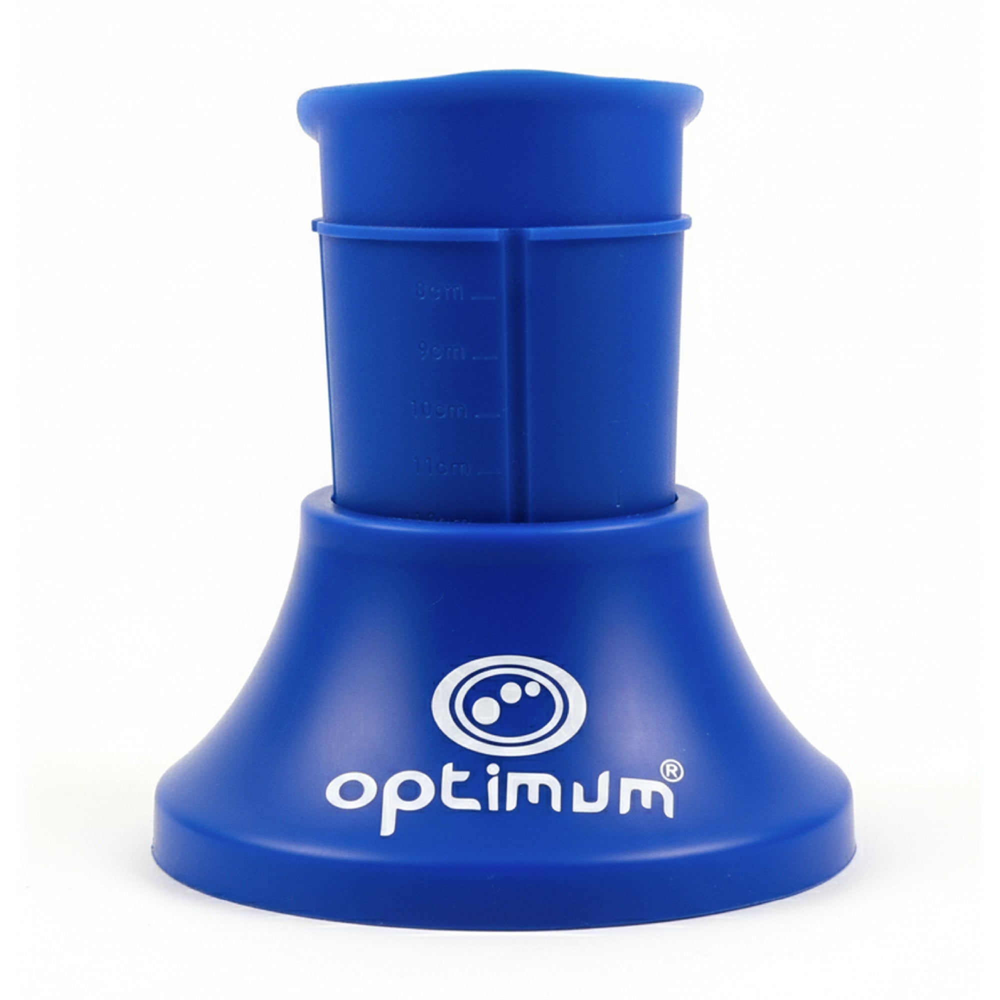 Blue Optimum adjustable rugby kicking tee with height markings and logo, on white background - Optimum