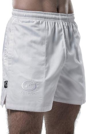Man wearing white Optimum Auckland rugby shorts, angled side view with tonal logo, on white - Optimum
