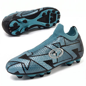 Blue Optimum Aztec laceless football boot, side and sole views showing moulded studs and sock collar - Optimum