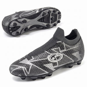 Black Optimum Aztec laceless football boot, side and sole views showing moulded studs and sock collar - Optimum