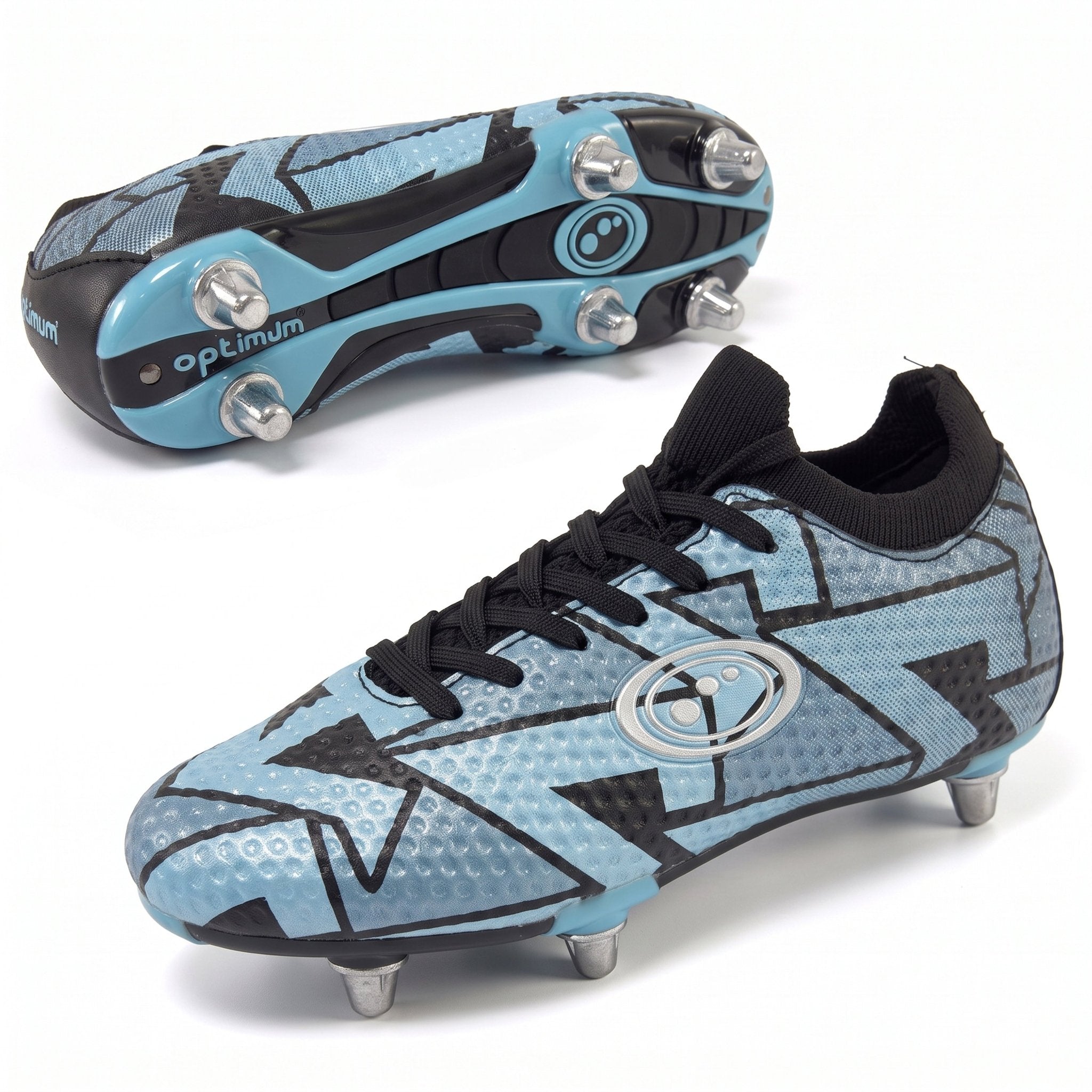 Blue Optimum Aztec rugby boot, angled side and sole views showing screw-in metal studs and lace-up - Optimum