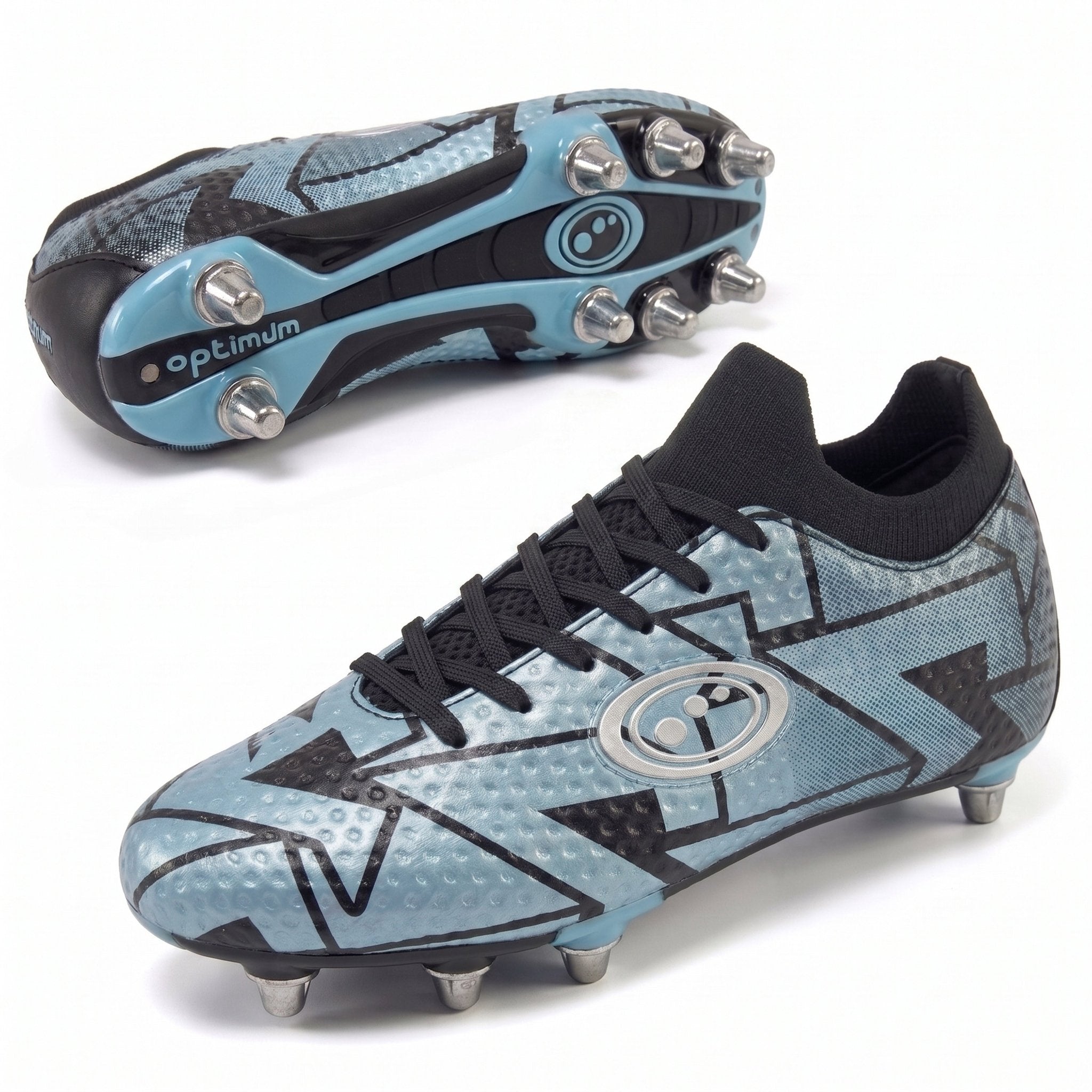 Blue Optimum Aztec rugby boot, side profile and sole views showing screw-in metal studs and lace-up - Optimum