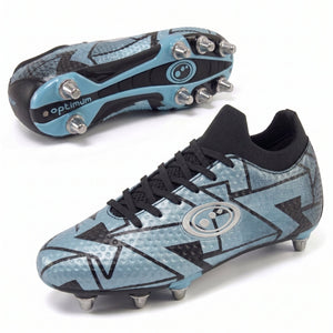 Blue Optimum Aztec rugby boot, side profile and sole views showing screw-in metal studs and lace-up - Optimum