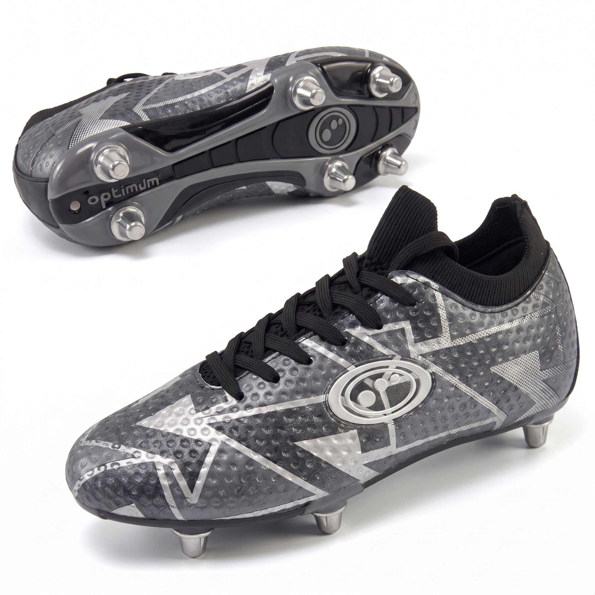 Black Optimum Aztec rugby boot, side profile and sole views showing screw-in metal studs and lace-up - Optimum