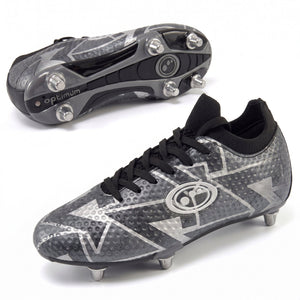 Black Optimum Aztec rugby boot, side profile and sole views showing screw-in metal studs and lace-up - Optimum