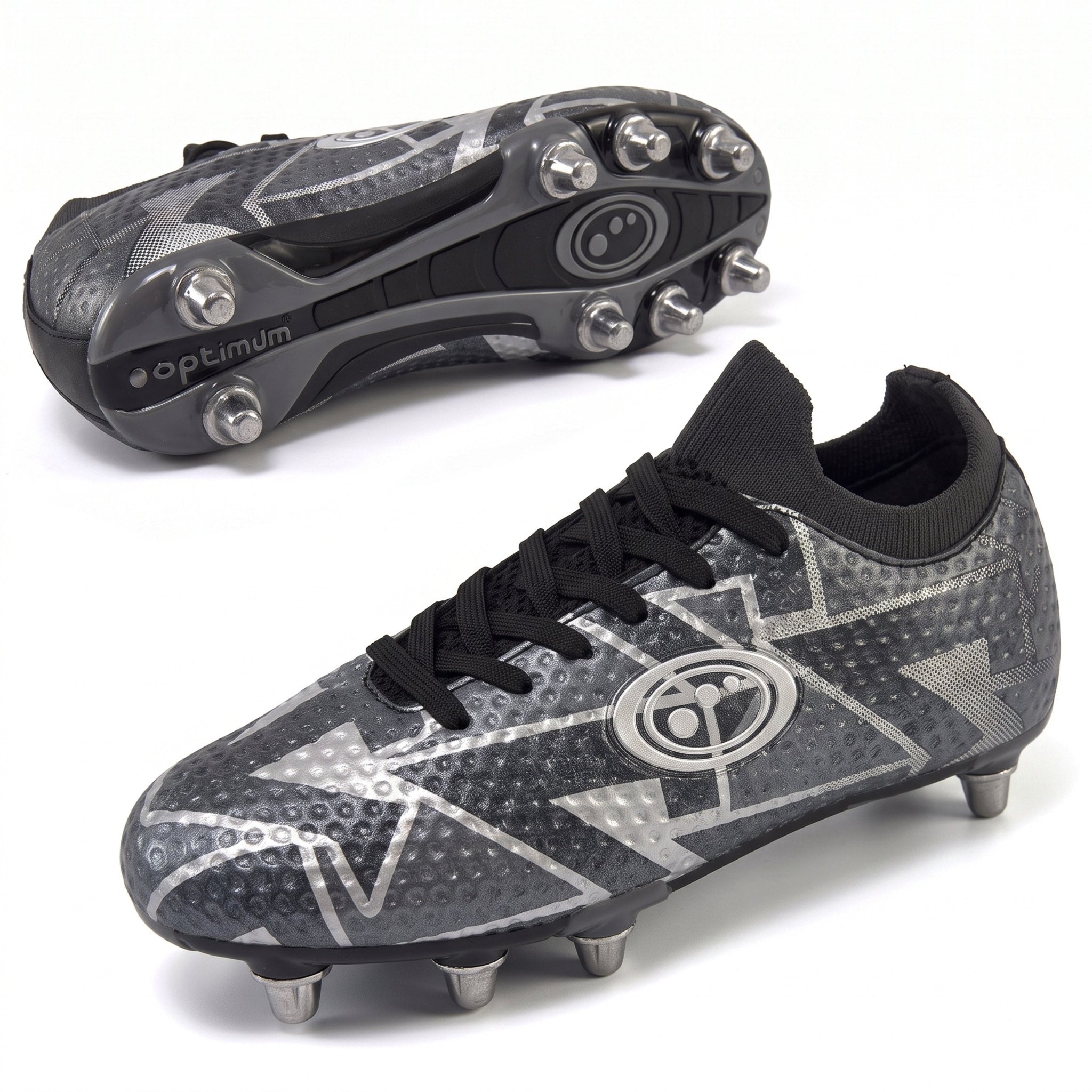 Black Optimum Aztec rugby boot, top-down and side views showing screw-in metal studs and lace-up - Optimum
