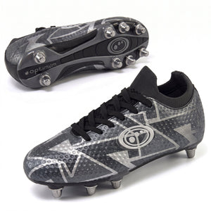 Black Optimum Aztec rugby boot, top-down and side views showing screw-in metal studs and lace-up - Optimum