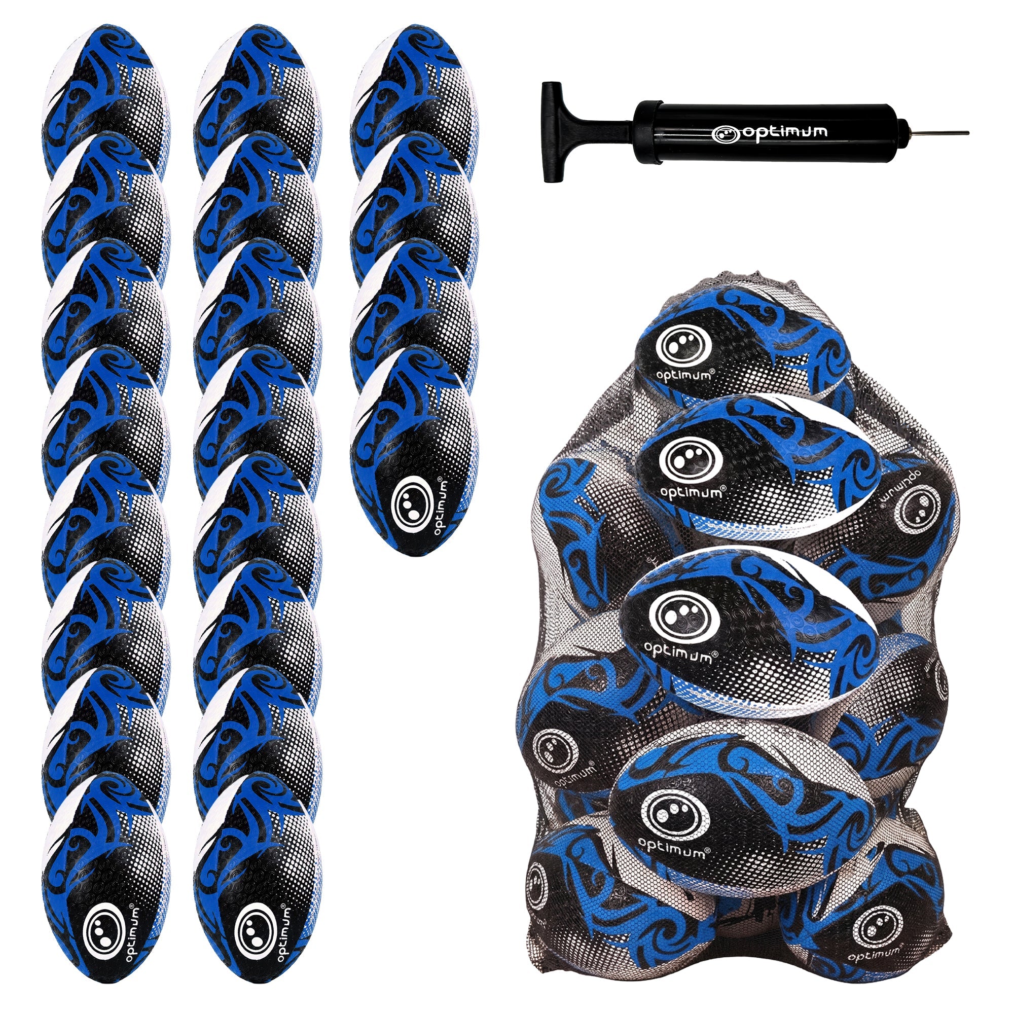 Optimum Bulk Razor Rugby Ball in Blue — pack of 20 with free pump and carrier