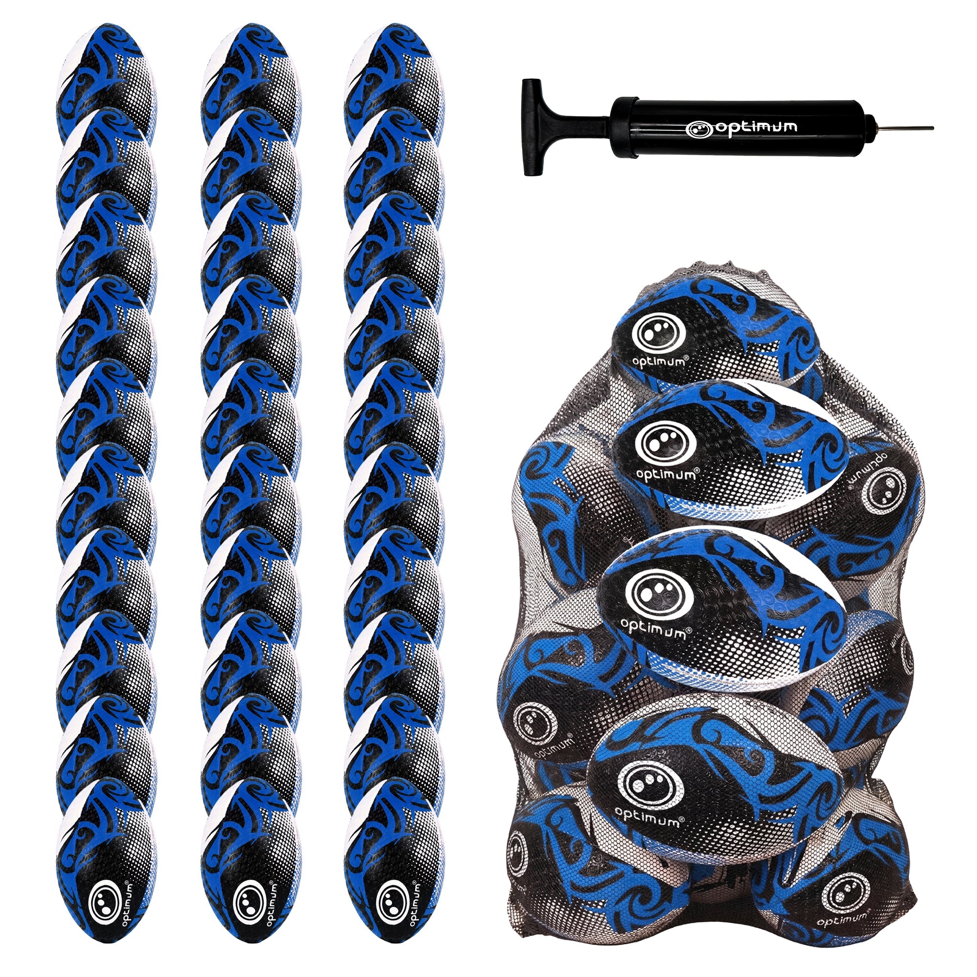Optimum Bulk Razor Rugby Ball in Blue — pack of 30 with free pump and carrier