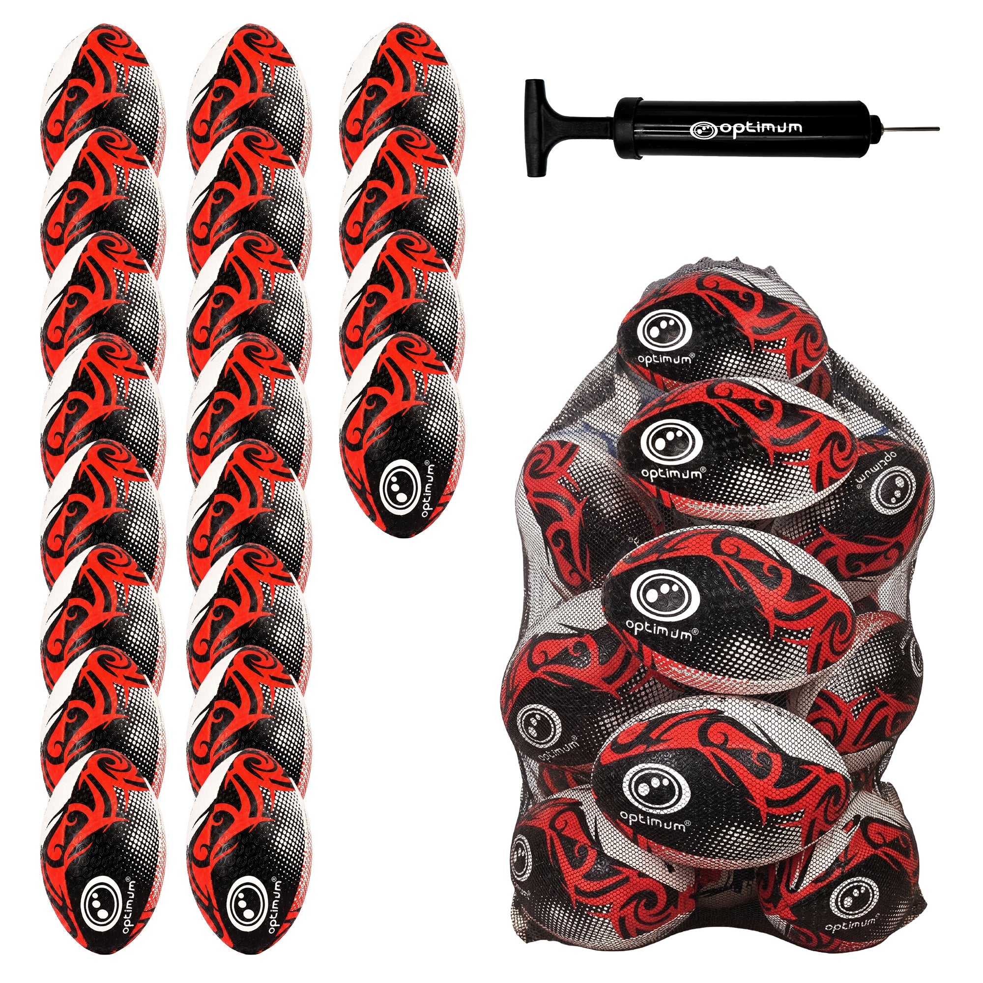 Optimum Bulk Razor Rugby Ball in Red — pack of 20 with free pump and carrier