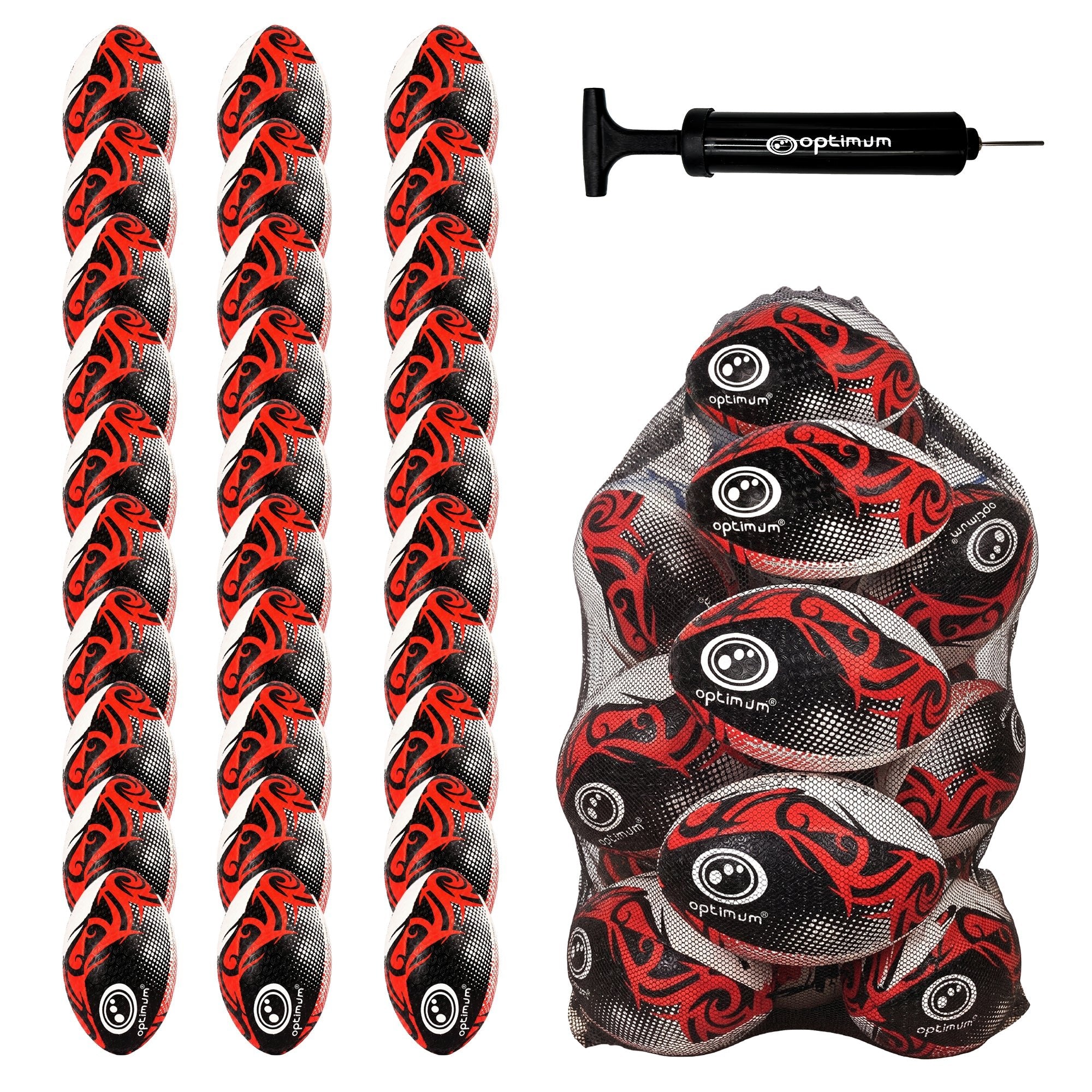 Optimum Bulk Razor Rugby Ball in Red — pack of 30 with free pump and carrier