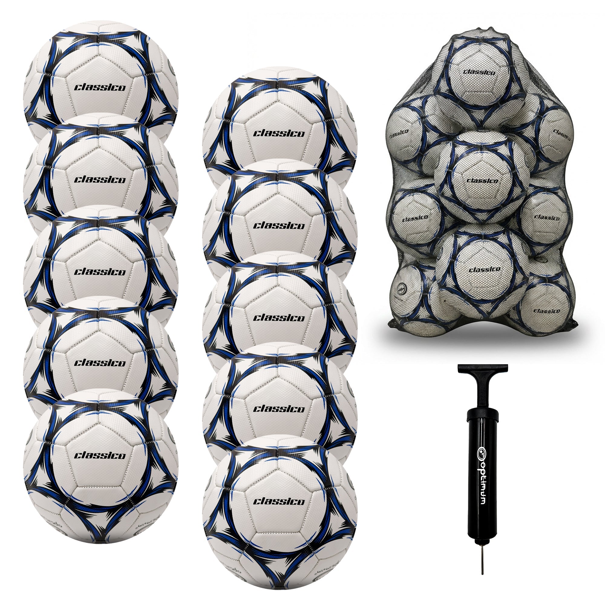 Optimum Classico bulk football pack in Blue — pack of 10 with free mesh carrier and pump