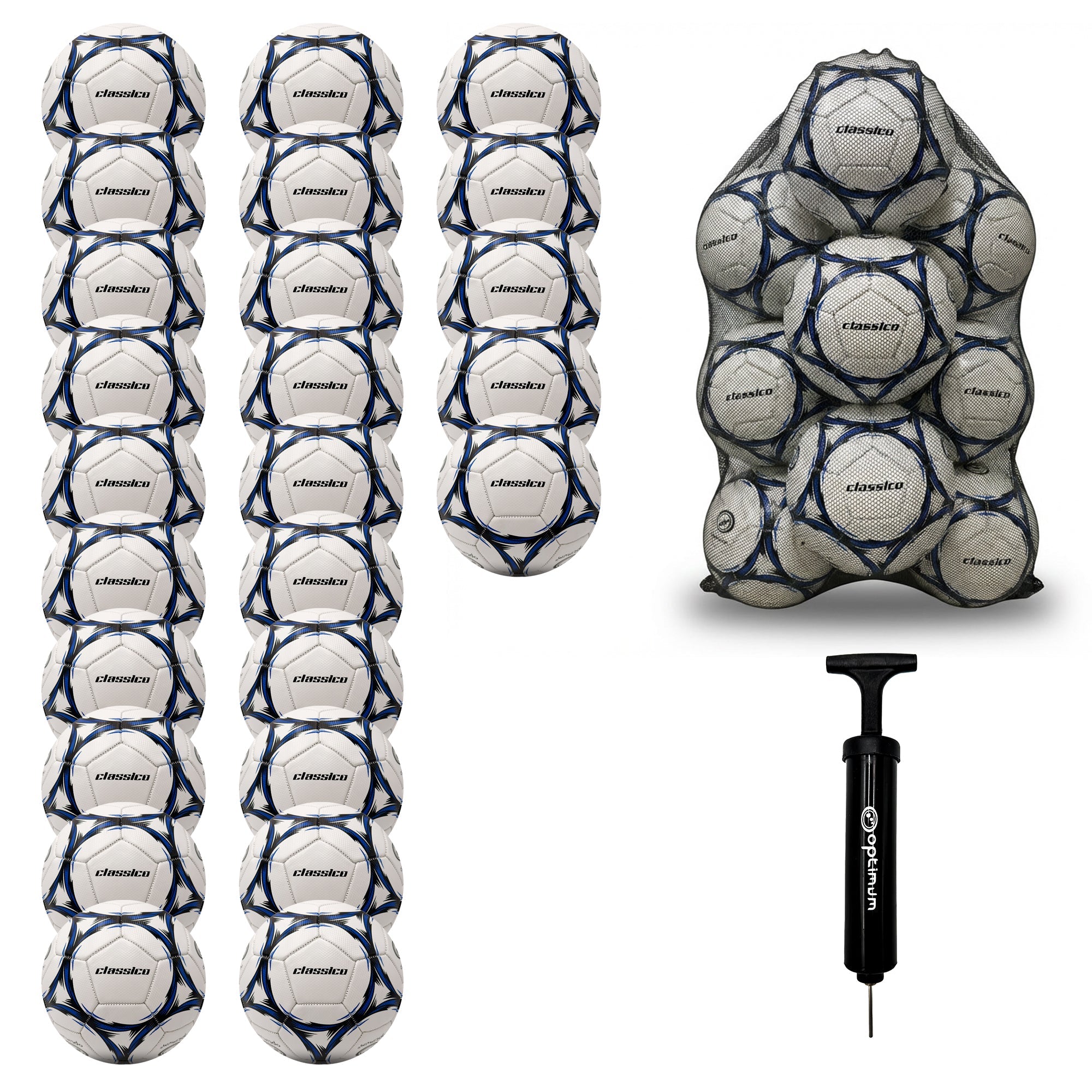 Optimum Classico bulk football pack in Blue — pack of 25 with free mesh carrier and pump