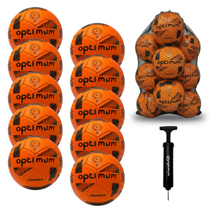 Optimum Classico bulk football pack in Orange — pack of 10 with free mesh carrier and pump