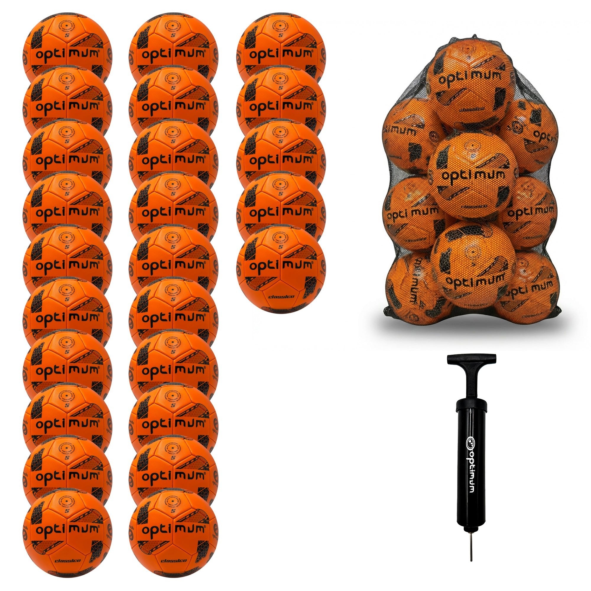 Optimum Classico bulk football pack in Orange — pack of 25 with free mesh carrier and pump
