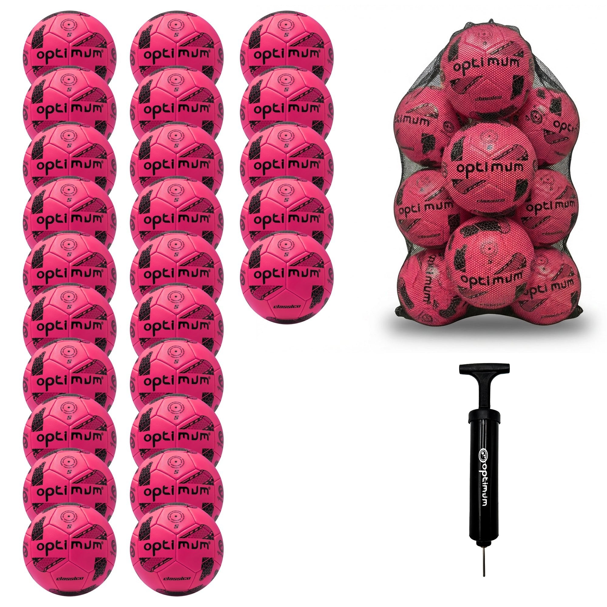 Optimum Classico bulk football pack in Pink — pack of 25 with free mesh carrier and pump