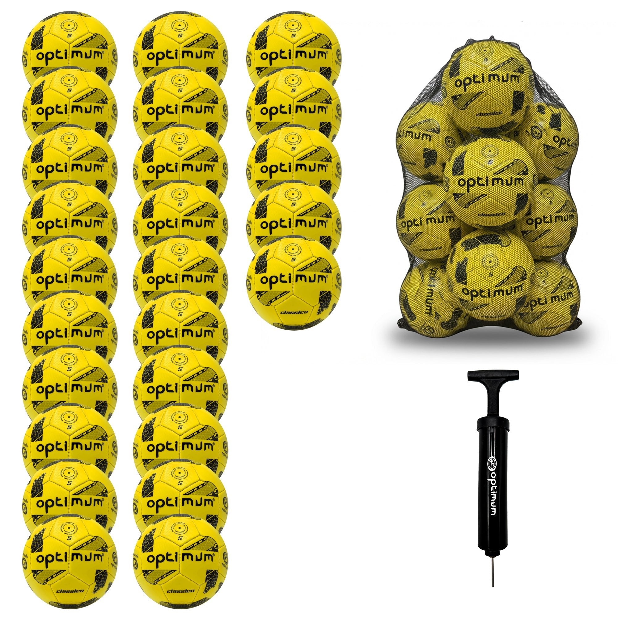 Optimum Classico bulk football pack in Yellow — pack of 25 with free mesh carrier and pump