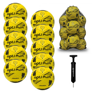 Bulk pack of yellow Optimum Classico footballs with mesh bag and pump - Optimum