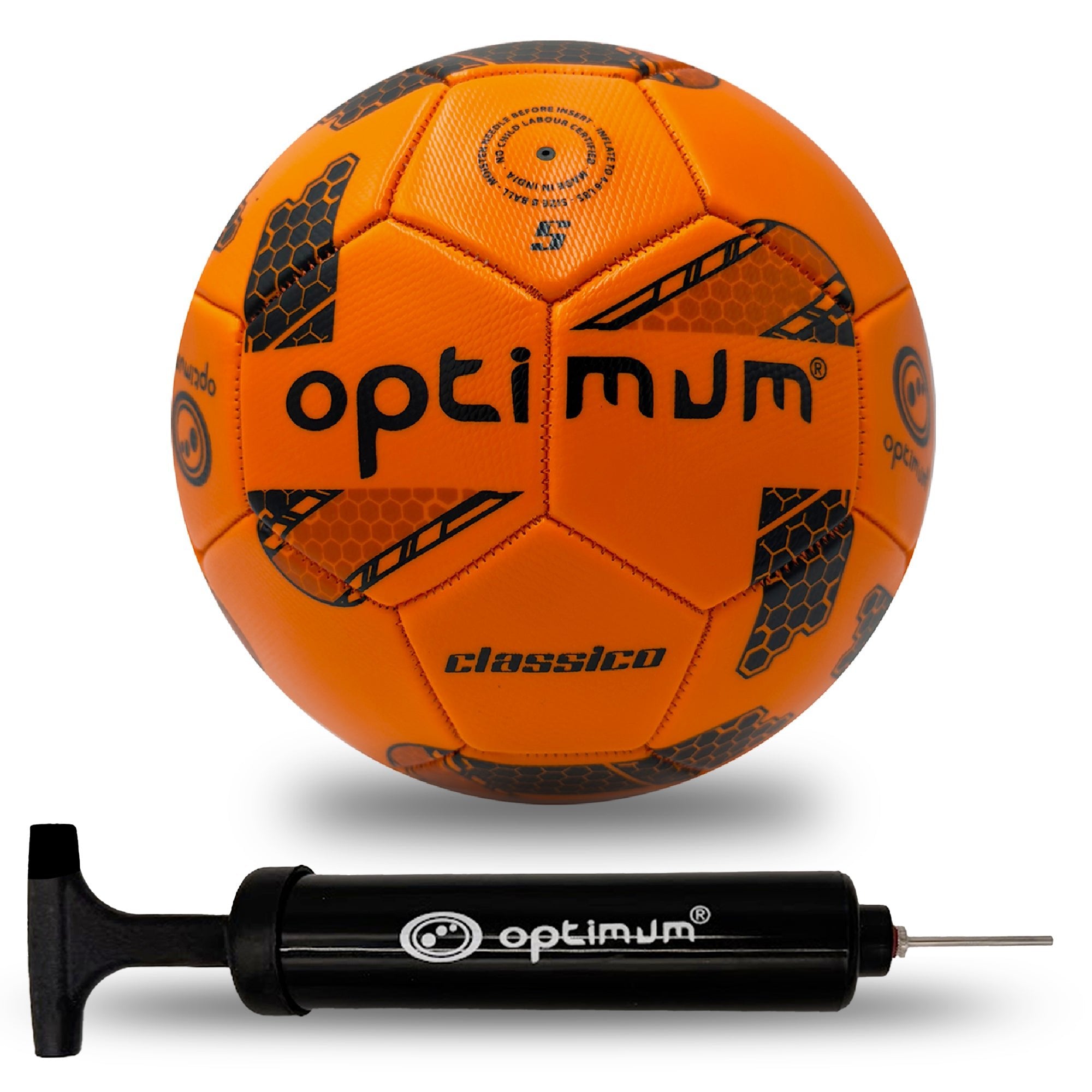Optimum Classico Football in Fluro Orange, shown with a pump