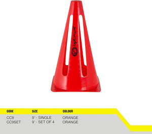 Red Optimum training marker cone with size chart showing 9 inch single and set of 4, orange - Optimum