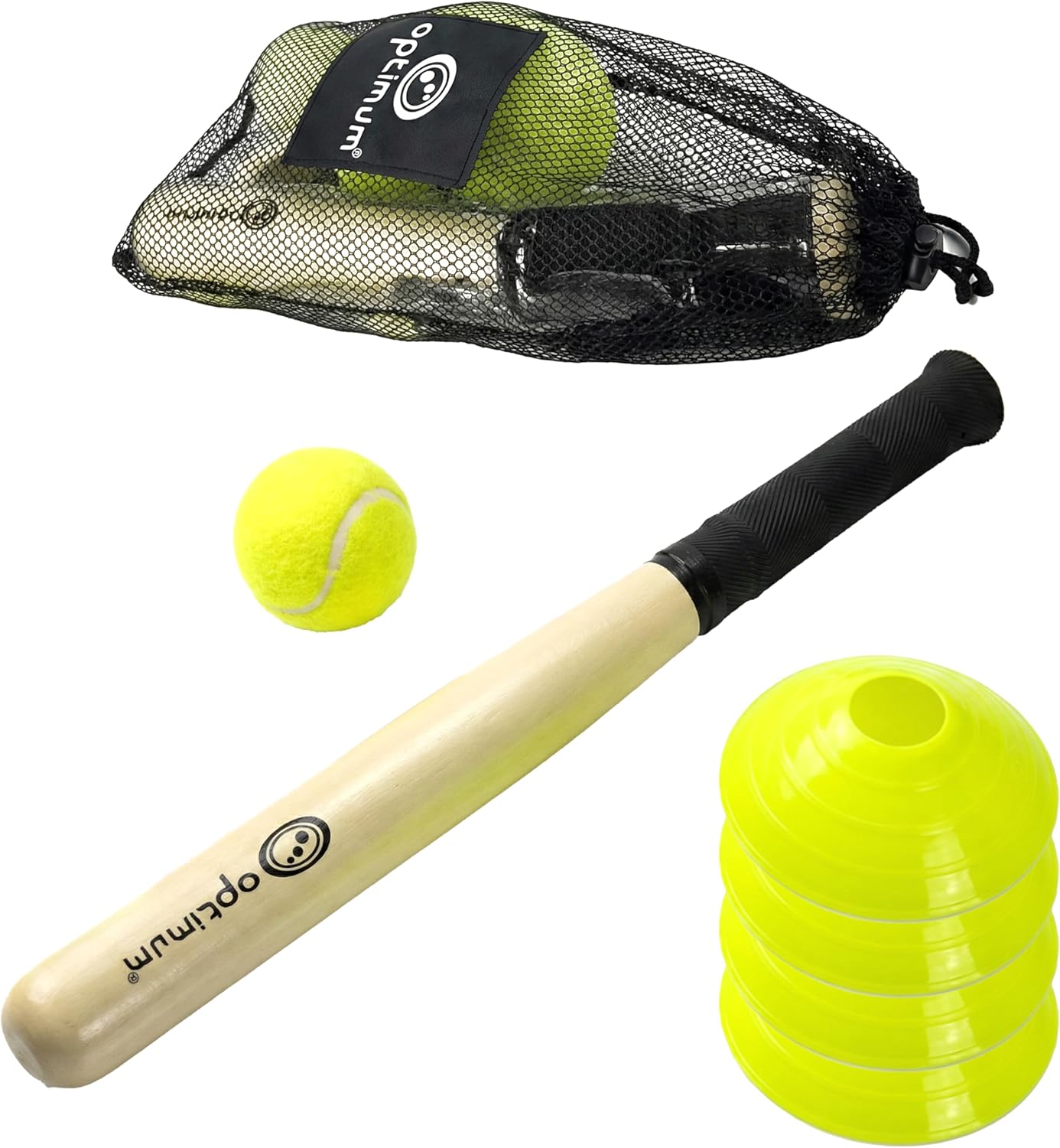 Optimum rounders set: wooden bat with black grip, tennis ball, yellow marker cones and mesh carry bag - Optimum