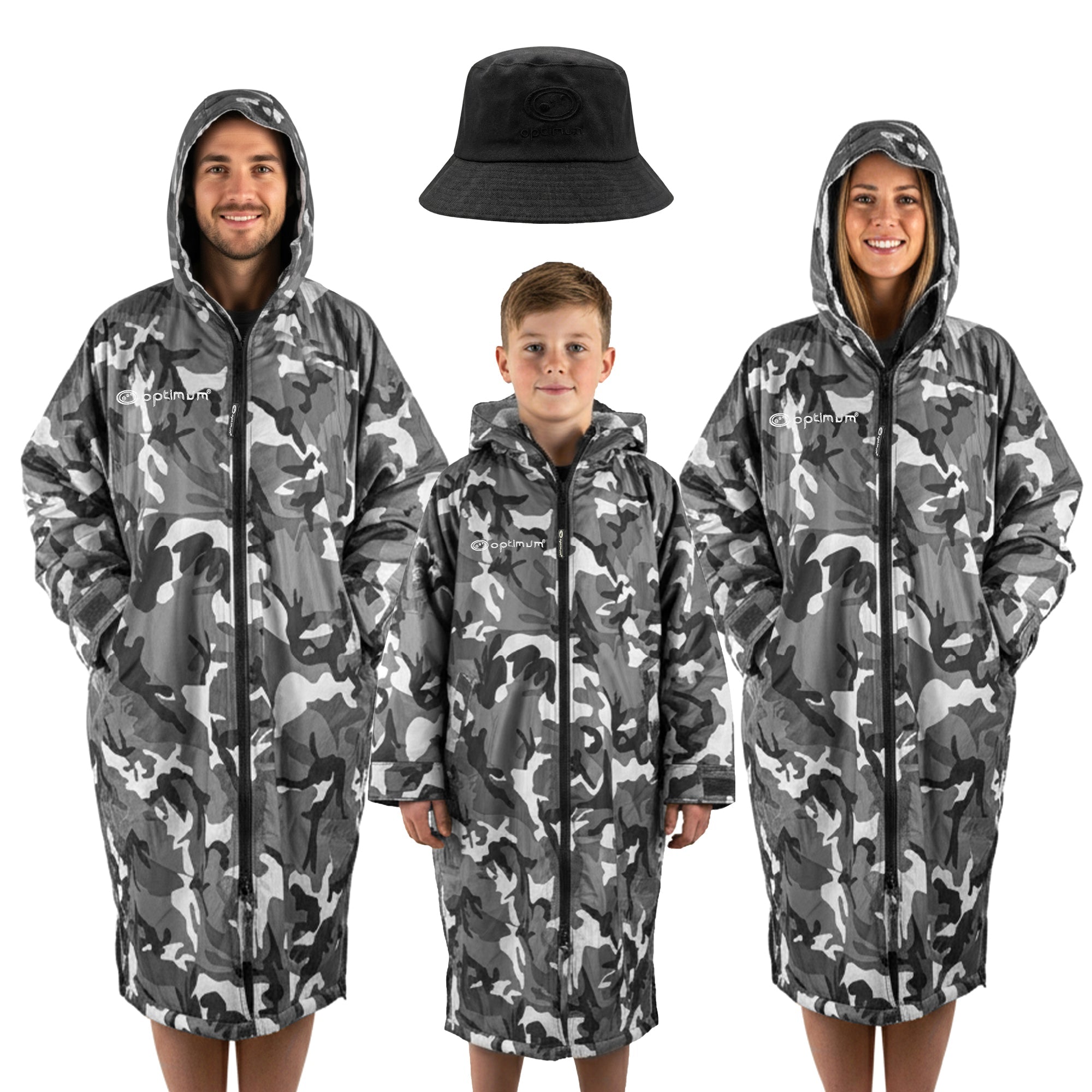 Three models in grey camo Optimum Dry Wrap robes, hoods up, black bucket hat, white background - Optimum