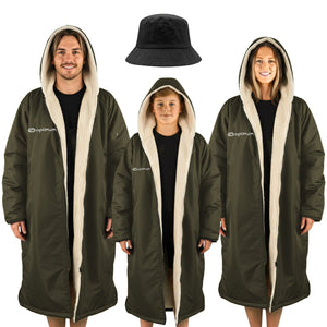 Three models in khaki Optimum Dry Wrap robes, cream fleece-lined hoods, black bucket hat, white background - Optimum