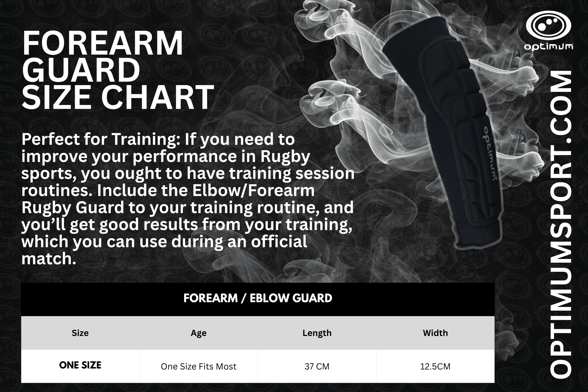 Optimum forearm guard size chart, one size, with product image and smoke background - Optimum