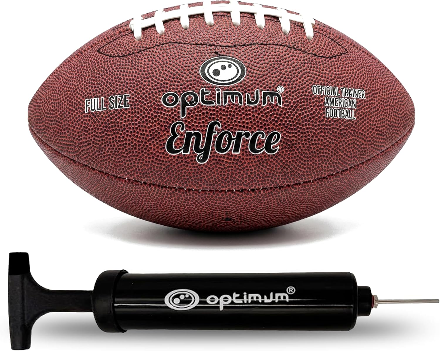 Brown Optimum Enforce full-size American football with black Optimum hand pump - Optimum